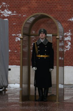 Moskova, Kremlin duvarının yanında görev yapan Rus askeri. Rusya Cumhurbaşkanlığı alayının onur kıtası.