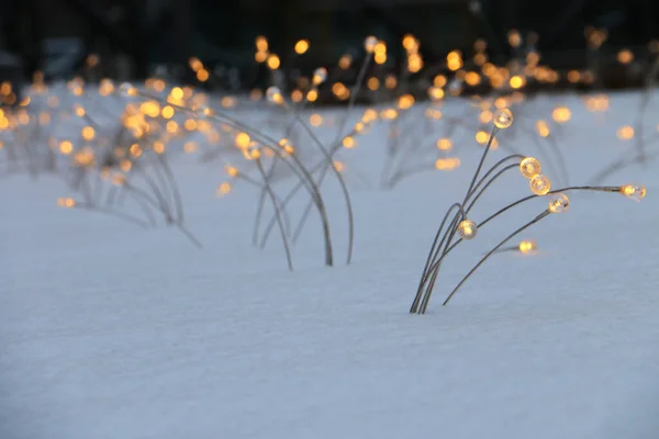 Decoratieve lantaarns op het wintergazon in de sneeuw Stockafbeelding