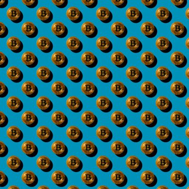 Mavi bir zemin üzerinde düz, pürüzsüz altın bitcoin desenleri, bir gölge, kripto para