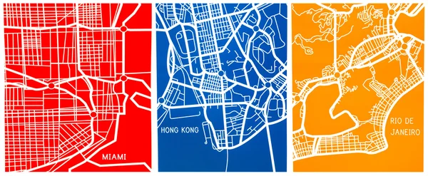 Carte stylisée de Miami, Rio de Janeiro et Hong Kongs couleurs de bleu rouge jaune pour décorer une chambre ou un hôtel — Photo