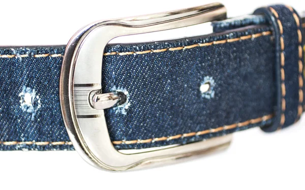 Denim belt with metal buckle on a white background — Stock Photo, Image