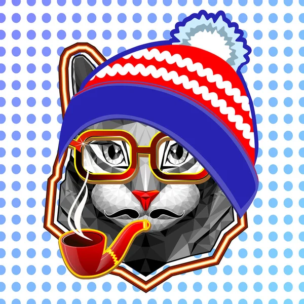 Bozal de un gato gris en un estilo de diagonal baja con gafas rojas y con un sombrero de invierno. Diseño para impresión en camisetas. Impresión. vector. — Archivo Imágenes Vectoriales