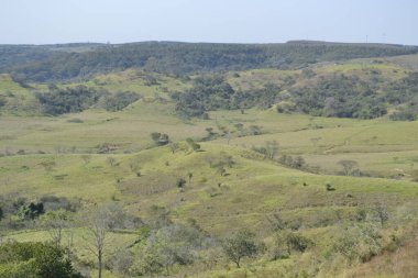Doğanın manzarası ya da manzarası ön planda yeşil bitki örtüsü ve panoramik görünümünde birçok yeşil ağaç ve tarlaları olan dağlar.