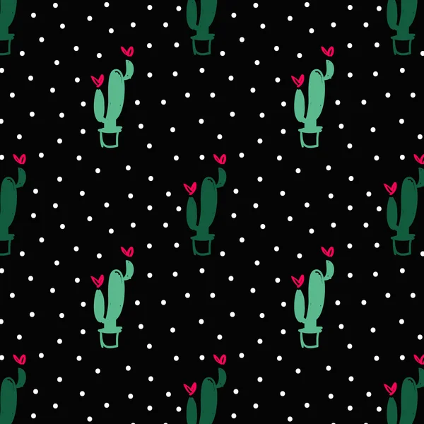 Modello senza cuciture con cactus e fiori a forma di cuore in verde a — Vettoriale Stock