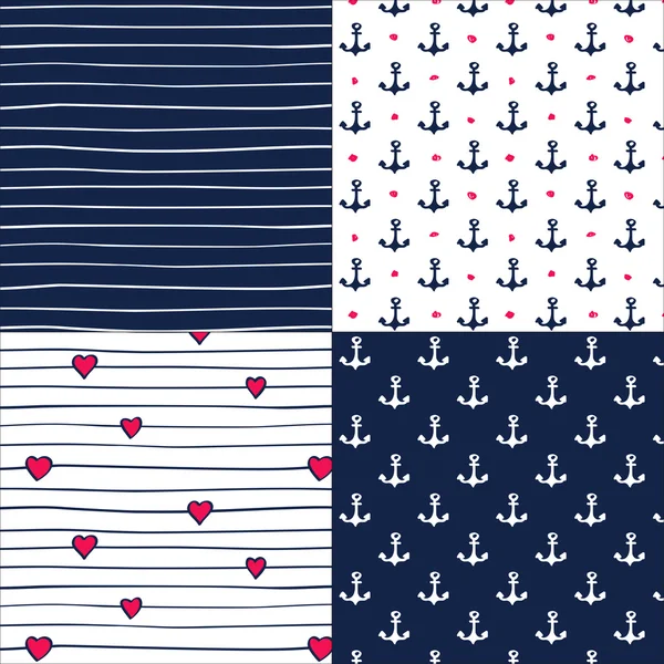 Conjunto de lindos fondos marinos sin costura con curvas, corazones y — Vector de stock