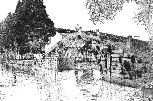 Эскиз Красивых Исторических Мостов Древнего Города Цзиньцзе Шанхаем — стоковое фото