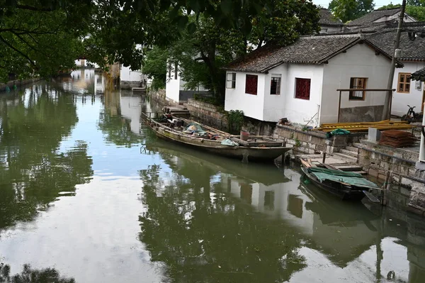 Napsütéses Nap Csatornák Mentén Ősi Víz Város Jinze Közelében Shanghai — Stock Fotó