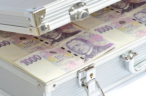 Koffer vol van Tsjechische bankbiljetten duizenden geld munt — Stockfoto