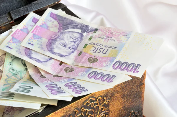 Kist vol van Tsjechische bankbiljetten geld munt — Stockfoto