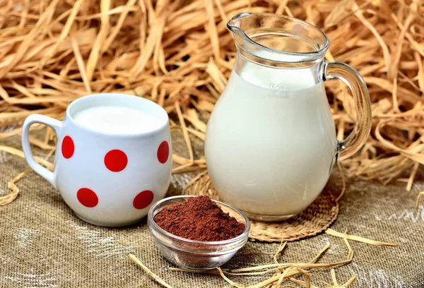 Leite de vaca em uma caneca vermelha, jarro de vidro com leite e cacau em pó em uma tigela no fundo decorativo vintage com palha seca e feno. Close-up. — Fotografia de Stock