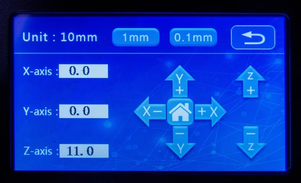 Modrá moderní dotyková obrazovka 3D tiskárny. Detailní záběr. — Stock fotografie