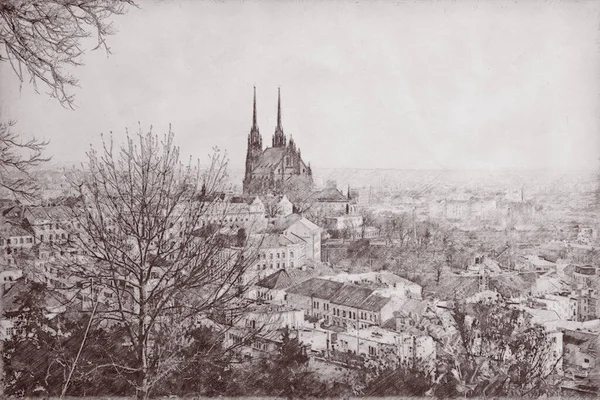 Desenho de carvão ou grafite de Brno vista de Spilberk para a Catedral de São Pedro e Paulo e a principal estação ferroviária Fotografia De Stock