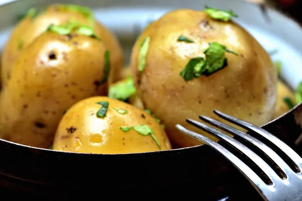 Close-up of healthy boiled potatoes greased with butter and herbs — Stock Photo, Image