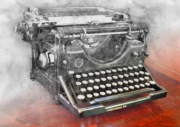 Stara antyczna maszyna do pisania z pierwszej wojny światowej w grunge patrzy na drewniany stół. Kolaż fotografii klasycznej i rysunku węglem drzewnym lub grafitem. — Zdjęcie stockowe