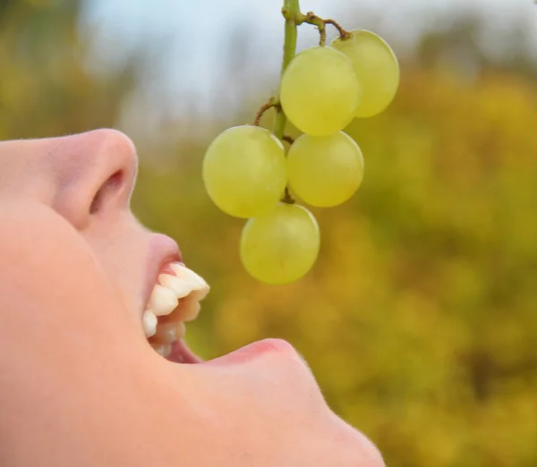 Mulher feliz comendo uvas — Fotografia de Stock