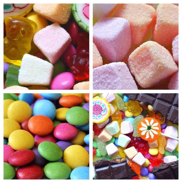 Collage av godis, smarties, choklad och klubbor — Stockfoto