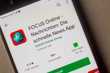 Neckargemuend, Almanya: 15 Ocak 2021: Alman haber dergisi Focus 'un uygulama simgesi telefon ekranının üst görüntüsü, Illustrative Editorial.
