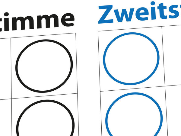 generic sample of a ballot paper of an election in germany with division of the words Erstimme und Zweitstimme (first and second vote in German)