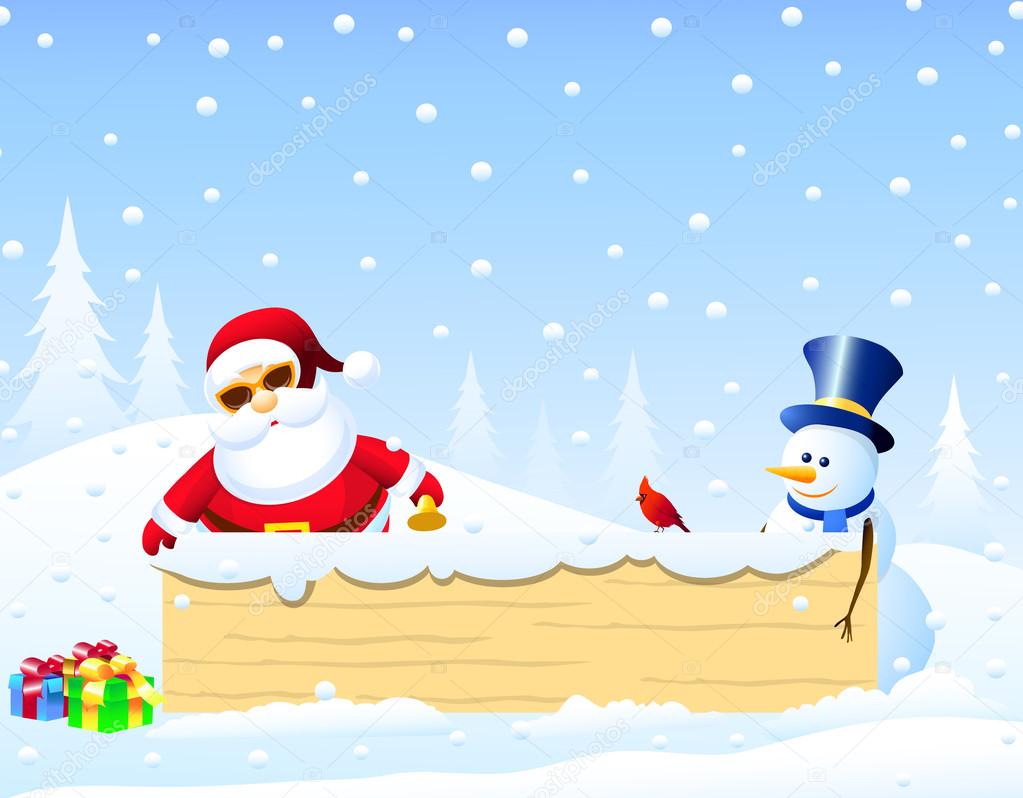 Santa,Christmas bird and Snowman with Christmas Banner