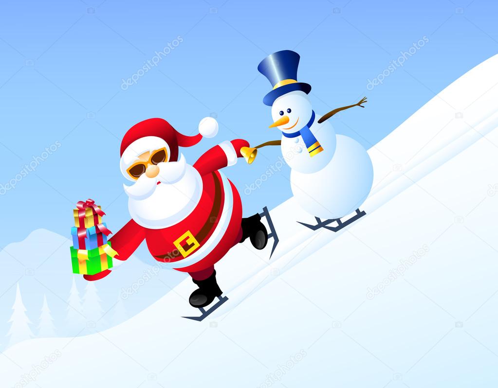 Santa & Iceman Skating with Christmas Gifts is a vector illustration.