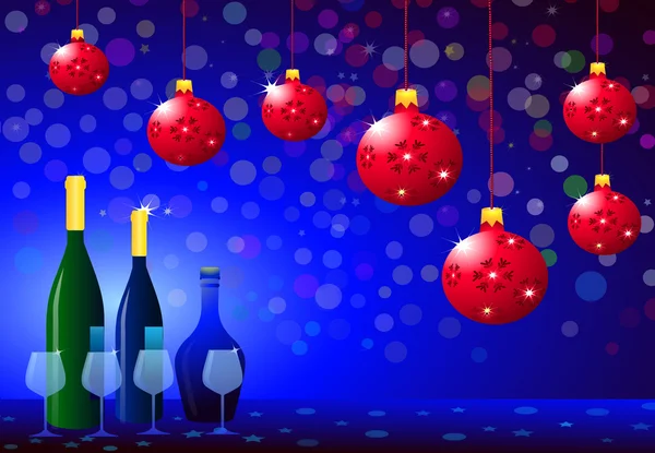 Різдвяна вечірка з пляшкою вина та окулярами Векторна ілюстрація — стоковий вектор
