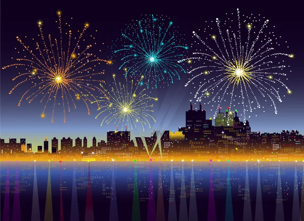 Fireworks on City Night-Vector — Stock Vector