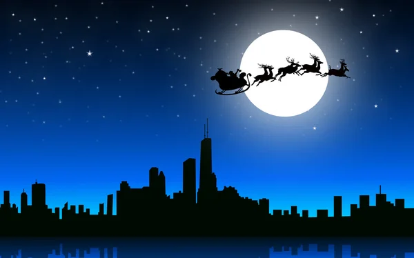 Santa flying over stad — Stockvector