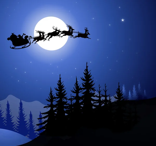 圣诞老人的雪橇在冬天的夜晚 lnadscape 矢量 — 图库矢量图片