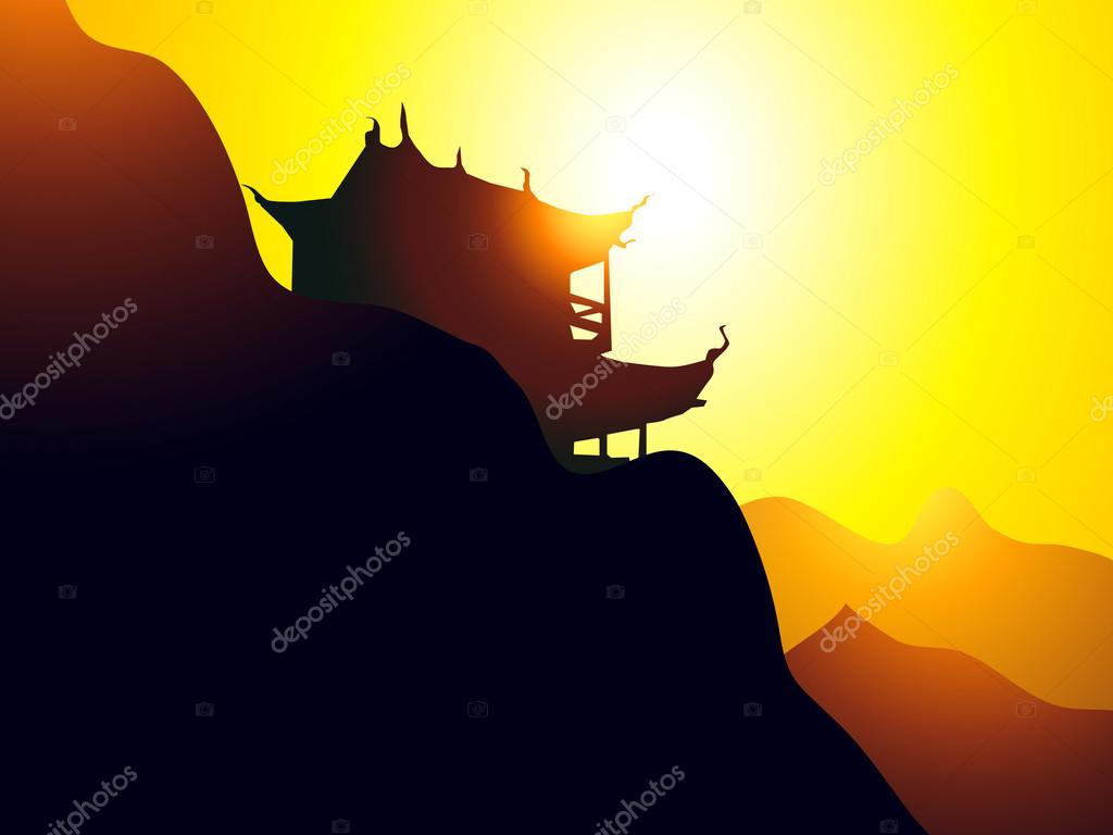 Pagoda on Mountain at Dusk is a vector illustration.