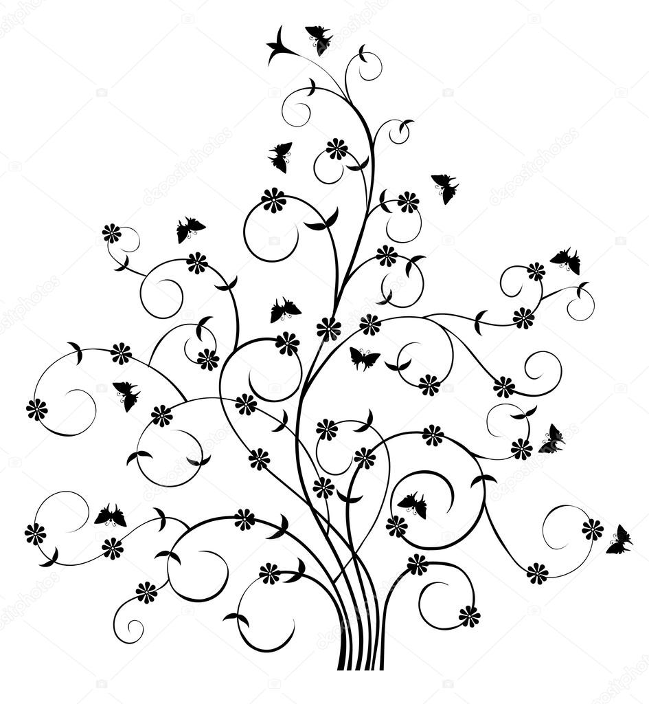 Floral Pattern Tree & Butterflies-Vector