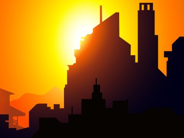 Günbatımı üzerinde şehir gökyüzü kavgacı tip-vektör