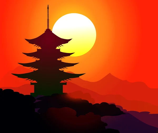 Pagoda pada waktu matahari terbenam - Vektor - Stok Vektor