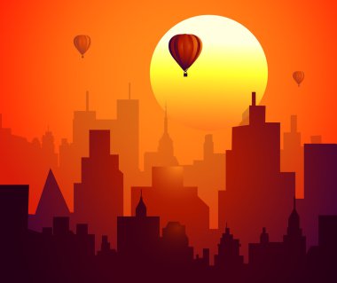 Sıcak hava balonları günbatımı-vektör City'de üzerinde