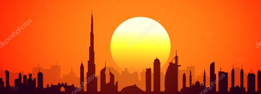 Coucher De Soleil Dubai Skyline Vecteur Image Vectorielle