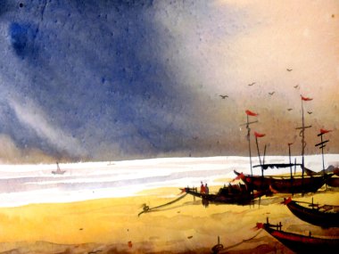 Beauty of Monsoon Seashore - Watercolor Painting