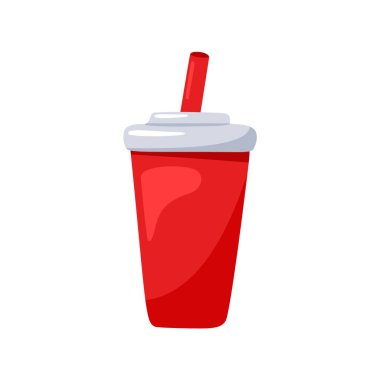 Kırmızı kağıt bardak ya da bardakla saman ve plastik kapaklı içecek. Geleneksel Amerikan fast food, kola ve gazozunun düz el çizimi ikonu. Renkli karikatür çizimi. İzole vektör kümesi, beyaz arkaplan
