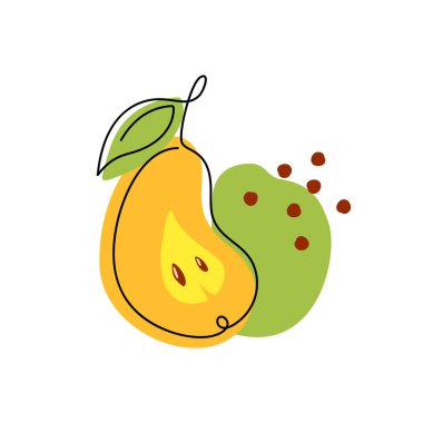 Armut izi. Siyah, sürekli bir çizgi, soyut dekoratif noktalar. El çizimi, yaz meyvelerinin çizimi. İnce doğrusal izole vektör, beyaz arkaplan. Sarı, yeşil