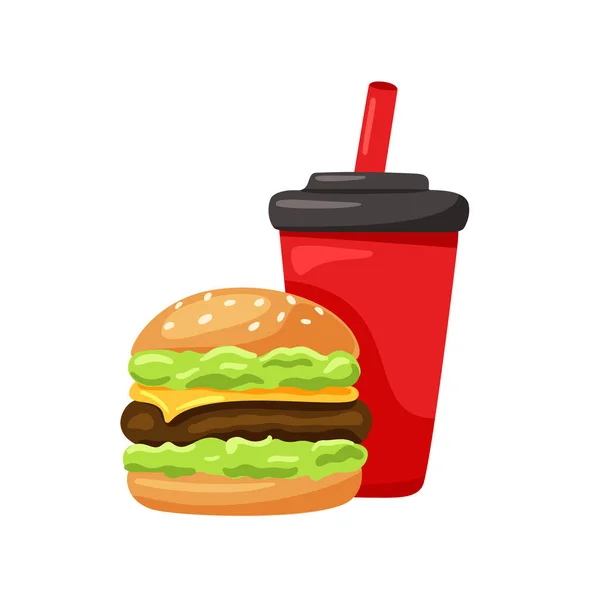 Burger Itallal Hamburger Kóla Piros Papírpohárban Szalmával Műanyag Fedéllel Lapos — Stock Vector