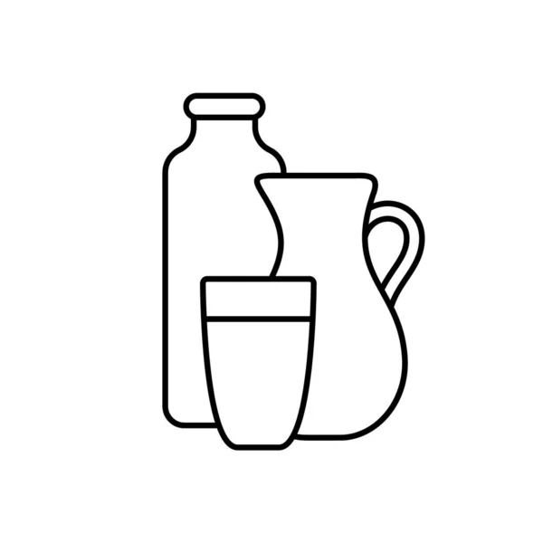 壶和玻璃杯 酸奶或冰醋酸牛奶的线形图标 农业奶制品的黑色简单例证 白色背景上的锥形孤立矢量象形图 — 图库矢量图片