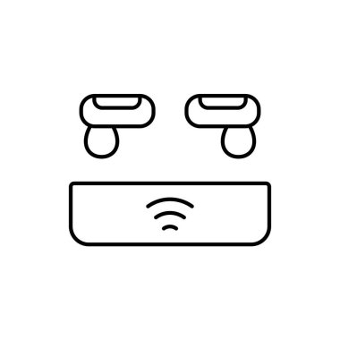 Şarj kutusu olan kulaklıklar. Modern ses aksesuarının doğrusal simgesi. Siyah basit bir illüstrasyon. Beyaz arkaplanda izole edilmiş vektör piktogramını ekle