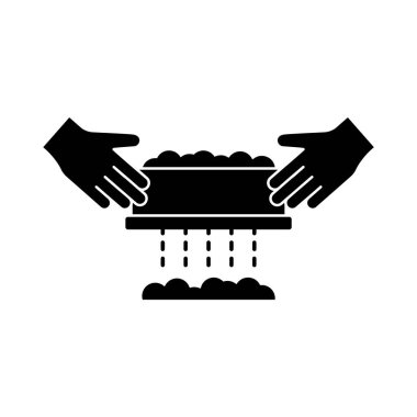 Elle eleme. El yapımı yemek pişirmenin silueti. İki el un, mısır gevreği ya da pudra şekerle elek tutar. Siyah basit bir illüstrasyon. Taslak izole vektör piktogramı, beyaz arkaplan