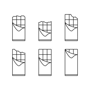 Katlanmış sırt ambalajıyla çikolatayı ısırdı. Doğrusal simgeler ayarlandı. Dikdörtgen ambalajlı şekerin siyah çizimi. Beyaz arkaplanda izole edilmiş vektör piktogramını ekle