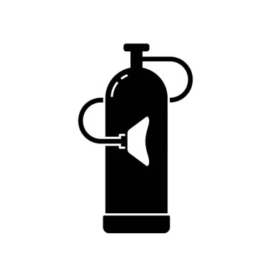 Oksijen tüpü ve maske. Gaz şişesinin siluet simgesi, balon. Siyah illüstrasyon. Tedavi için tıbbi ekipman, nefes alma rahatlığı. Taslak izole vektör piktogramı, beyaz arkaplan