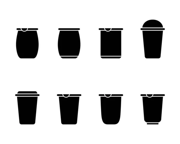 轮廓酸奶杯 扁平图标设置 收集不同的塑料件包装 乳制品工业容器的黑色简单象形文字 概述孤立向量 白色背景 — 图库矢量图片