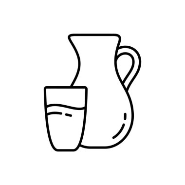 Yuvarlak sürahi ve bardakta içki. Süt, krema, meyve suyu ve suyun doğrusal simgesi. Çiftlik süt ürünlerinin siyah çizimi. Beyaz arkaplanda izole edilmiş vektör piktogramını ekle