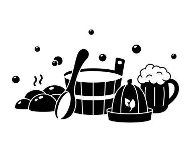 Sauna siluet etiketi. Rus banyası için banyo aletleri, hamam. Ahşap küvetin, kepçenin, şapkanın, sıcak taşların, bira bardağının, sabun köpüğünün siyah yatay çizimi. Taslak vektör amblemi, beyaz arkaplan