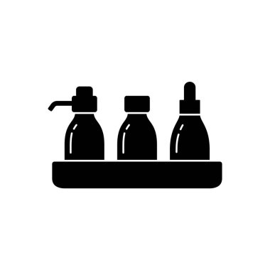 Siluet kozmetik şişeleri tepsi standında, taslak simgesi. Düşüren, dağıtan ve kaplıca şişesi. Oteldeki vücut bakımının siyah bir örneği. Düz izole vektör piktogramı, beyaz arkaplan
