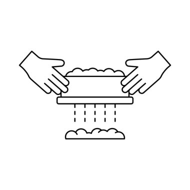 İki el un, mısır gevreği ya da pudra şekerle elek tutar. Elle seçmenin doğrusal simgesi, el yapımı yemek. Siyah basit bir illüstrasyon. Beyaz arkaplanda izole edilmiş vektör piktogramını ekle