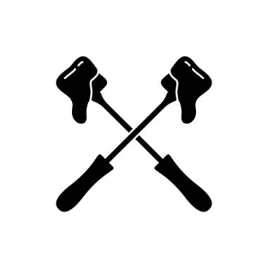 Fondue silhouette emblem for packaging design. Outline black illustration of two crossed forks with slice of bread and dripping cheese sauce. Cutout isolated vector pictogram, white background
