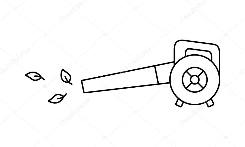 Leaf blower. Linear icon of electric vacuum cleaner for dirt and dust. Black simple illustration of handheld device for outdoor cleaning. Contour isolated vector pictogram on white background